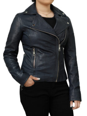 Black Asymmetrical Biker Laple Collar Style Leather Jacket