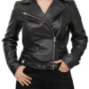 Black Asymmetrical Leather Motorcycle Jacket For Womens