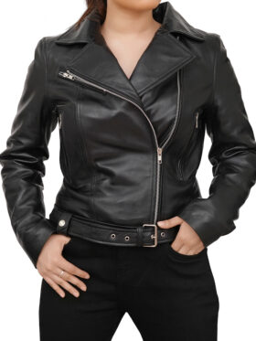 Black Asymmetrical Leather Motorcycle Jacket For Womens