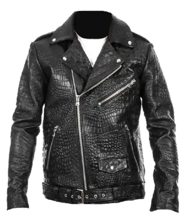 Black Biker Crocodile Skin Leather Jacket