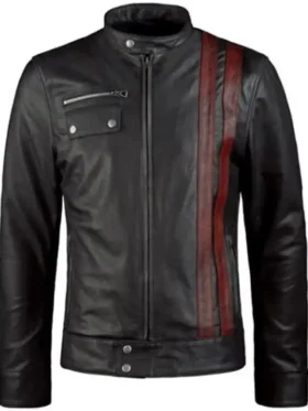 Black Cafe Racer Leather Jacket with Strips