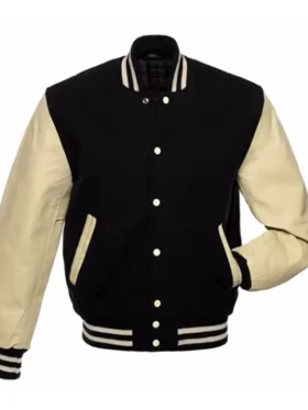 Black and Off White Leather Varsity Jacket For Men
