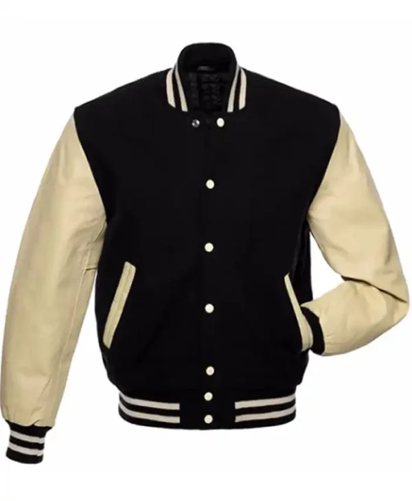 Black and Off White Leather Varsity Jacket For Men
