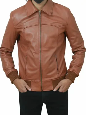 Brown Bomber Leather Jacket For Men