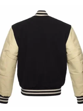 Casual Black and Off White Leather Varsity Bomber Jacket For Men
