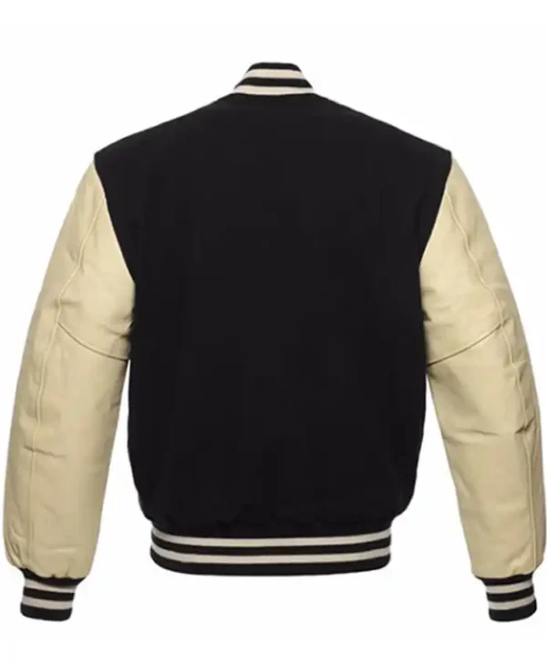 Casual Black and Off White Leather Varsity Bomber Jacket For Men