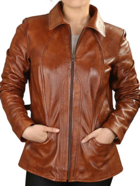 Womens Turn Down Collar Brown Leather Jacket