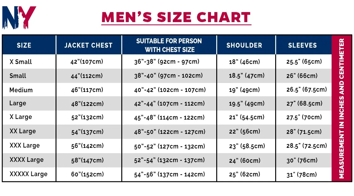 ny american jacket size chart
