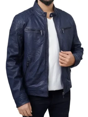 Carter Kihn Blue Quilted Leather Jacket For Men