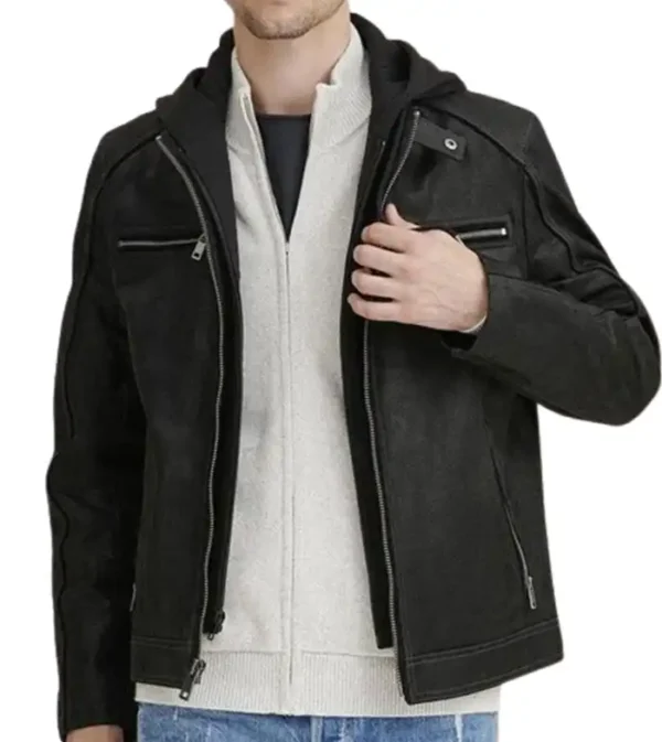Hooded Biker Leather Jacket For Men