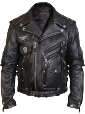 Men's Genuine Cowhide Leather Biker Jacket Black