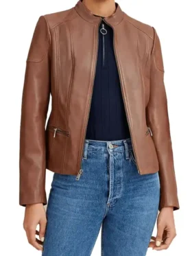 Women's Brown Leather Biker Jacket - Mandarin Collar Style