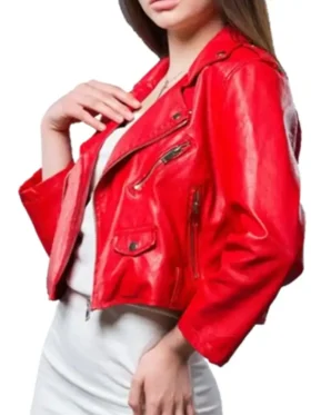 Women's Red Cropped Leather Motorbike Biker Jacket