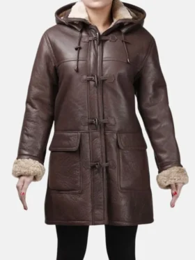 womens-brown-leather-long-duffle-aviator-coat